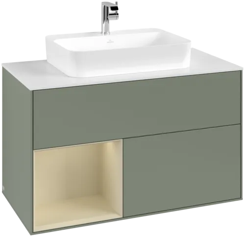 VILLEROY BOCH Toaletní skříňka Finion, s osvětlením, 2 výsuvy, 1000 x 603 x 501 mm, olivový matný lak / hedvábně šedý matný lak / bílé matné sklo #F361HJGM