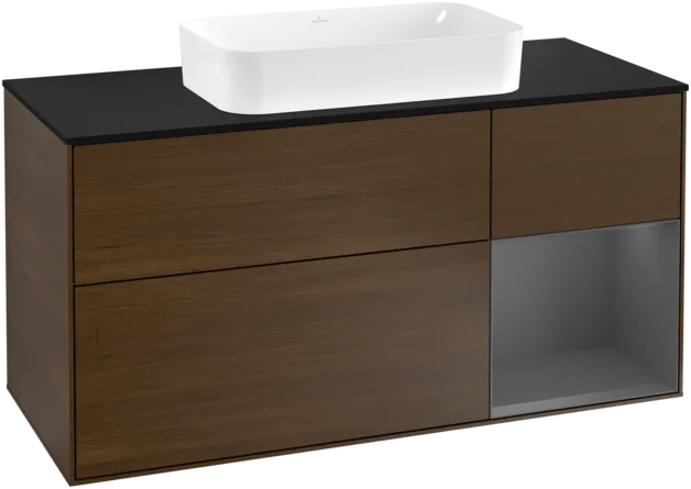 VILLEROY BOCH Toaletní skříňka Finion, s osvětlením, 3 výsuvy, 1200 x 603 x 501 mm, ořechová dýha / antracitový matný lak / černé matné sklo #F302GKGN