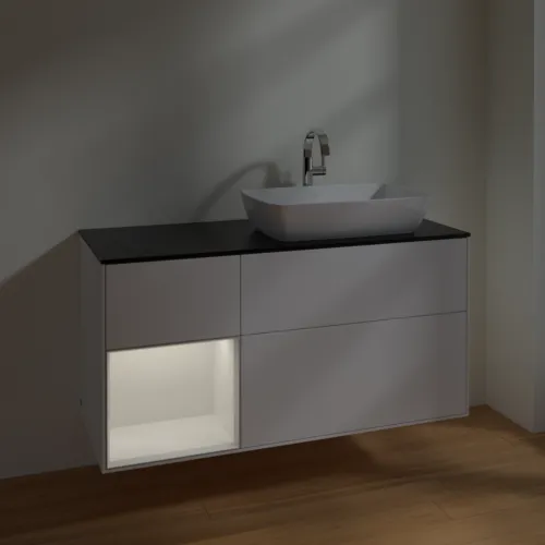 VILLEROY BOCH Toaletní skříňka Finion, s osvětlením, 3 výsuvy, 1200 x 603 x 501 mm, bílý matný lak / bílý lesklý lak / černé matné sklo #F802GFMT, obrázek 3