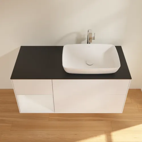VILLEROY BOCH Toaletní skříňka Finion, s osvětlením, 3 výsuvy, 1200 x 603 x 501 mm, bílý matný lak / bílý lesklý lak / černé matné sklo #F802GFMT, obrázek 2