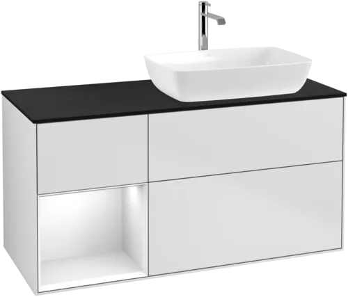 VILLEROY BOCH Toaletní skříňka Finion, s osvětlením, 3 výsuvy, 1200 x 603 x 501 mm, bílý matný lak / bílý lesklý lak / černé matné sklo #F802GFMT, obrázek 1