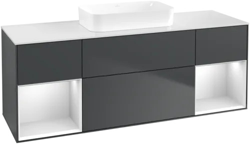 VILLEROY BOCH Toaletní skříňka Finion, s osvětlením, 4 výsuvy, 1600 x 603 x 501 mm, Midnight Blue Matt Lacquer / White Matt Lacquer / Glass White Matt #F741MTHG
