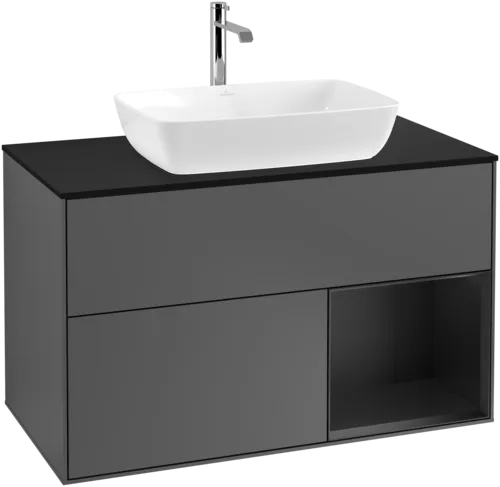 VILLEROY BOCH Toaletní skříňka Finion, s osvětlením, 2 výsuvy, 1000 x 603 x 501 mm, antracitový matný lak / černý matný lak / černé matné sklo #F782PDGK