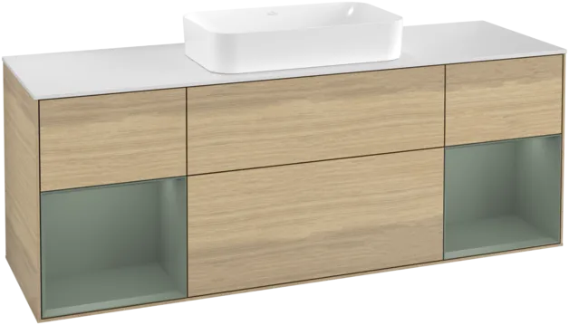 VILLEROY BOCH Toaletní skříňka Finion, s osvětlením, 4 výsuvy, 1600 x 603 x 501 mm, dubová dýha / olivový matný lak / sklo bílé matné #F331GMPC