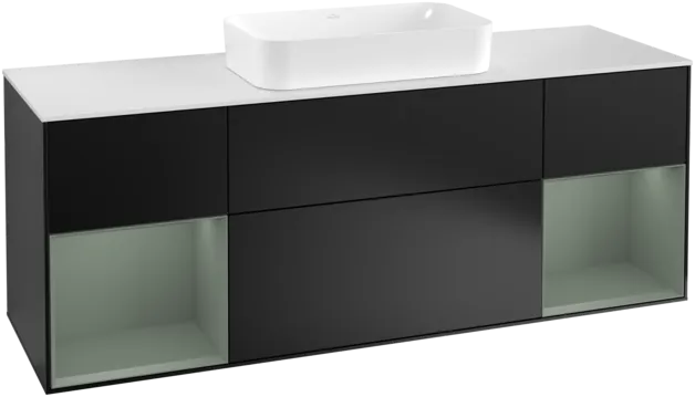 VILLEROY BOCH Toaletní skříňka Finion, s osvětlením, 4 výsuvy, 1600 x 603 x 501 mm, černý matný lak / olivový matný lak / bílé matné sklo #F331GMPD