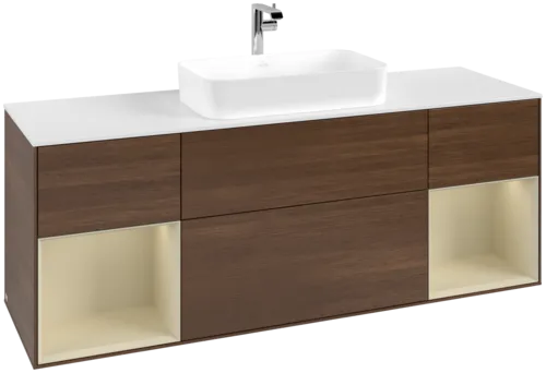 VILLEROY BOCH Toaletní skříňka Finion, s osvětlením, 4 výsuvy, 1600 x 603 x 501 mm, ořechová dýha / hedvábně šedý matný lak / sklo bílé matné #F331HJGN