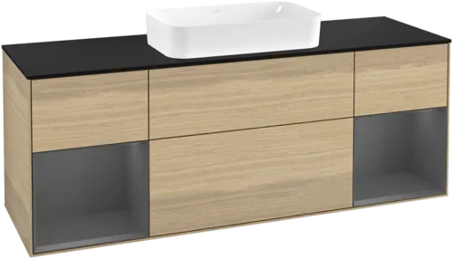 VILLEROY BOCH Toaletní skříňka Finion, s osvětlením, 4 výsuvy, 1600 x 603 x 501 mm, dubová dýha / antracitový matný lak / černé matné sklo #F332GKPC