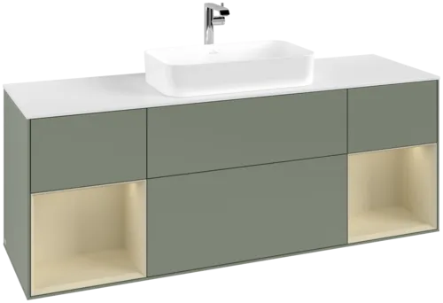 VILLEROY BOCH Toaletní skříňka Finion, s osvětlením, 4 výsuvy, 1600 x 603 x 501 mm, olivový matný lak / hedvábně šedý matný lak / bílé matné sklo #F331HJGM