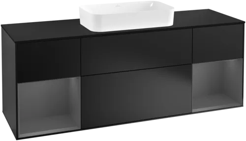 VILLEROY BOCH Toaletní skříňka Finion, s osvětlením, 4 výsuvy, 1600 x 603 x 501 mm, černý matný lak / antracitový matný lak / černé matné sklo #F332GKPD