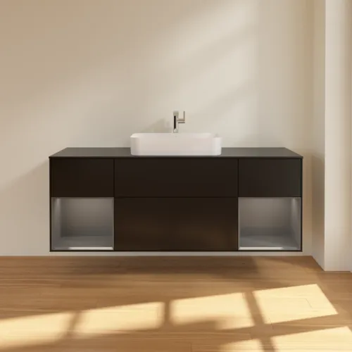 VILLEROY BOCH Toaletní skříňka Finion, s osvětlením, 4 výsuvy, 1600 x 603 x 501 mm, černý matný lak / antracitový matný lak / černé matné sklo #F332GKPD, obrázek 3