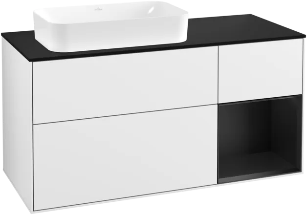 VILLEROY BOCH Toaletní skříňka Finion, s osvětlením, 3 výsuvy, 1200 x 603 x 501 mm, lesklý bílý lak / černý matný lak / černé matné sklo #F282PDGF