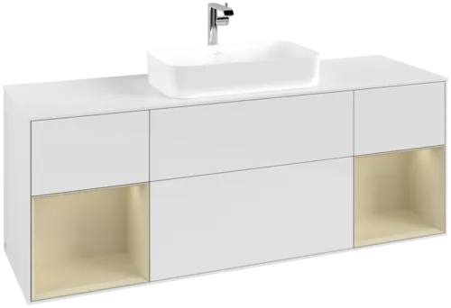 VILLEROY BOCH Toaletní skříňka Finion, s osvětlením, 4 výsuvy, 1600 x 603 x 501 mm, lesklý bílý lak / hedvábně šedý matný lak / bílé matné sklo #F331HJGF