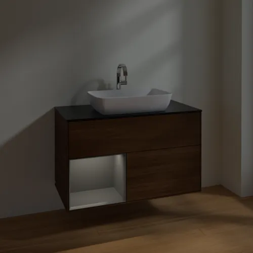 VILLEROY BOCH Toaletní stolek Finion, s osvětlením, 2 výsuvy, 1000 x 603 x 501 mm, ořechová dýha / antracitový matný lak / černé matné sklo #F772GKGN, obrázek 5
