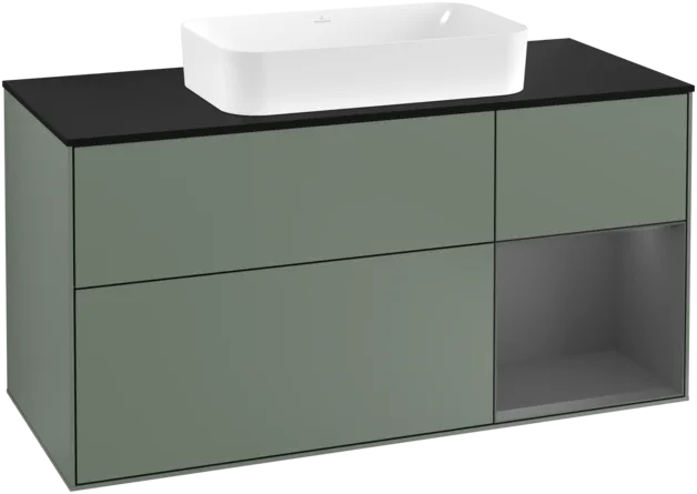VILLEROY BOCH Toaletní skříňka Finion, s osvětlením, 3 výsuvy, 1200 x 603 x 501 mm, olivový matný lak / antracitový matný lak / černé matné sklo #F302GKGM