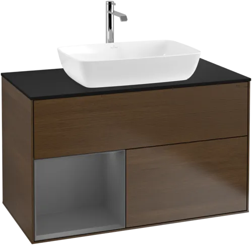VILLEROY BOCH Toaletní stolek Finion, s osvětlením, 2 výsuvy, 1000 x 603 x 501 mm, ořechová dýha / antracitový matný lak / černé matné sklo #F772GKGN