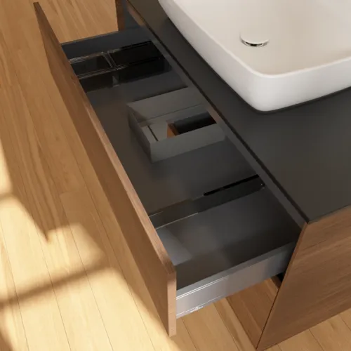 VILLEROY BOCH Toaletní stolek Finion, s osvětlením, 2 výsuvy, 1000 x 603 x 501 mm, ořechová dýha / antracitový matný lak / černé matné sklo #F772GKGN, obrázek 8