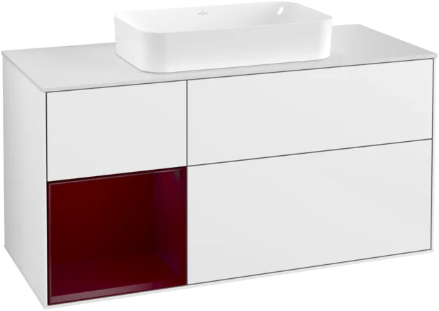 VILLEROY BOCH Toaletní skříňka Finion, s osvětlením, 3 výsuvy, 1200 x 603 x 501 mm, lesklý bílý lak / matný lak Pivoňka / matné bílé sklo #F291HBGF