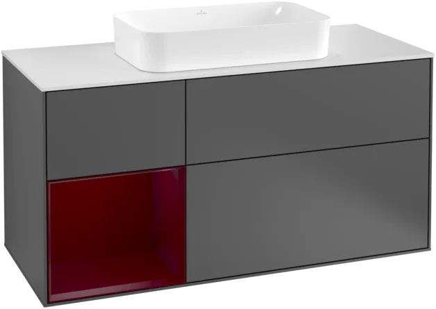 VILLEROY BOCH Toaletní skříňka Finion, s osvětlením, 3 výsuvy, 1200 x 603 x 501 mm, antracitový matný lak / pivoňkový matný lak / bílé matné sklo #F291HBGK