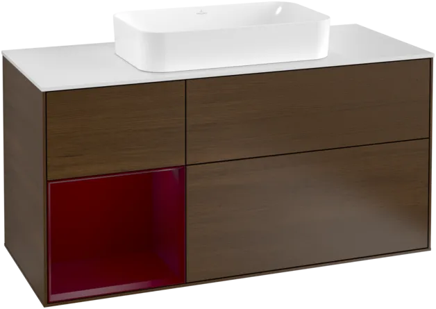 VILLEROY BOCH Toaletní skříňka Finion, s osvětlením, 3 výsuvy, 1200 x 603 x 501 mm, ořechová dýha / matný lak Pivoňka / matné bílé sklo #F291HBGN