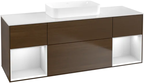 VILLEROY BOCH Toaletní skříňka Finion, s osvětlením, 4 výsuvy, 1600 x 603 x 501 mm, ořechová dýha / bílý matný lak / bílé matné sklo #F741MTGN