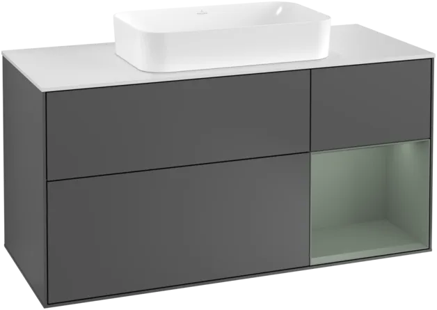 VILLEROY BOCH Toaletní skříňka Finion, s osvětlením, 3 výsuvy, 1200 x 603 x 501 mm, antracitový matný lak / olivový matný lak / bílé matné sklo #F301GMGK