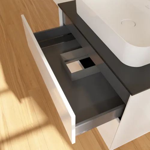 VILLEROY BOCH Toaletní skříňka Finion, 2 výsuvy, 800 x 603 x 501 mm, lesklý bílý lak / černé matné sklo #F34200GF, obrázek 7
