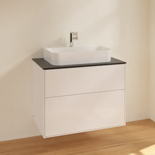 VILLEROY BOCH Toaletní skříňka Finion, 2 výsuvy, 800 x 603 x 501 mm, lesklý bílý lak / černé matné sklo #F34200GF, obrázek 2
