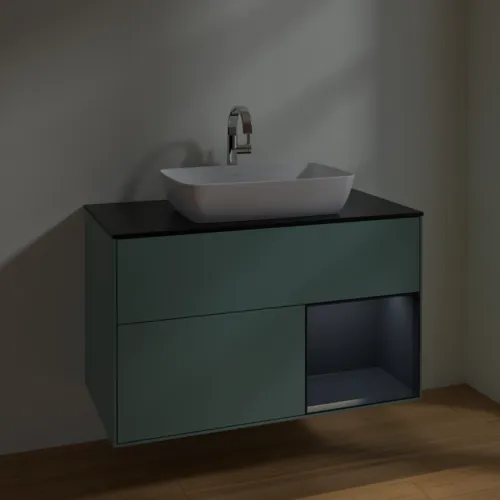 VILLEROY BOCH Toaletní skříňka Finion, s osvětlením, 2 výsuvy, 1000 x 603 x 501 mm, olivový matný lak / půlnoční modrý matný lak / černé matné sklo #F782HGGM, obrázek 5