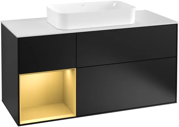 VILLEROY BOCH Toaletní skříňka Finion, s osvětlením, 3 výsuvy, 1200 x 603 x 501 mm, černý matný lak / zlatý matný lak / bílé matné sklo #F291HFPD