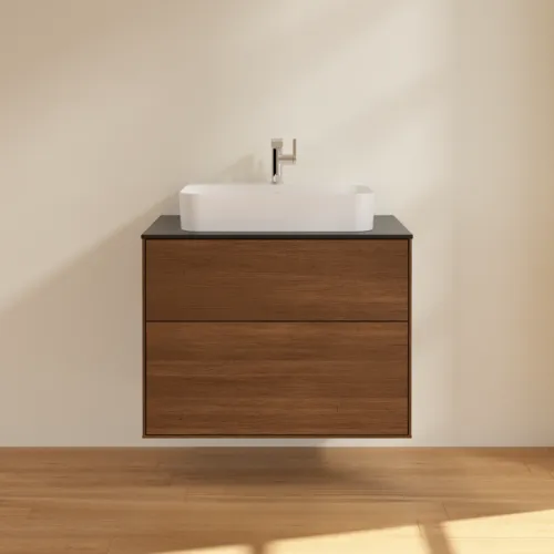 VILLEROY BOCH Toaletní stolek Finion, 2 výsuvy, 800 x 603 x 501 mm, ořechová dýha / sklo černé matné #F34200GN, obrázek 3