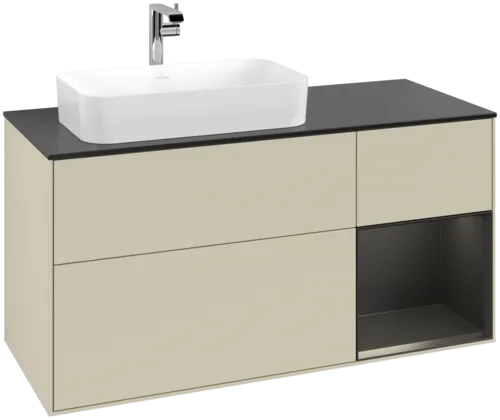VILLEROY BOCH Toaletní skříňka Finion, s osvětlením, 3 výsuvy, 1200 x 603 x 501 mm, hedvábně šedý matný lak / černý matný lak / černé matné sklo #F282PDHJ