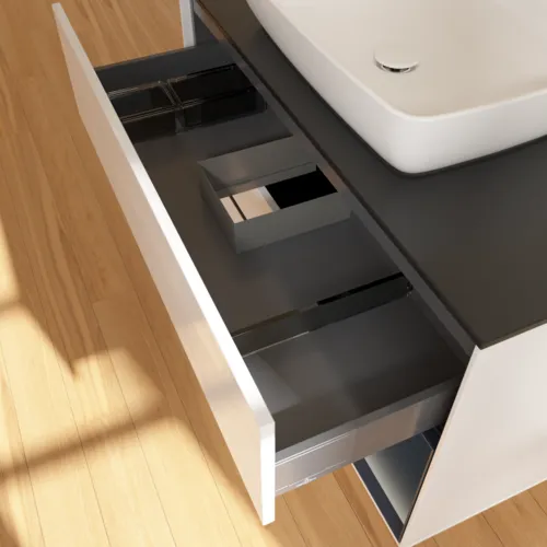 VILLEROY BOCH Toaletní skříňka Finion, s osvětlením, 2 výsuvy, 1000 x 603 x 501 mm, lesklý bílý lak / půlnoční modrý matný lak / černé matné sklo #F782HGGF, obrázek 8