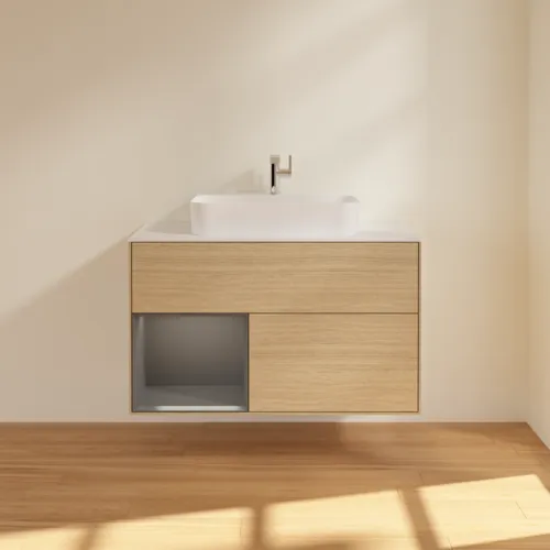 VILLEROY BOCH Toaletní skříňka Finion, s osvětlením, 2 výsuvy, 1000 x 603 x 501 mm, dubová dýha / antracitový matný lak / bílé matné sklo #F361GKPC, obrázek 3