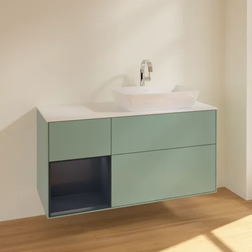 VILLEROY BOCH Toaletní skříňka Finion, s osvětlením, 3 výsuvy, 1200 x 603 x 501 mm, olivový matný lak / půlnoční modrý matný lak / bílé matné sklo #F801HGGM, obrázek 2