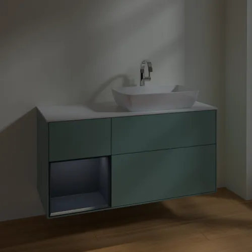 VILLEROY BOCH Toaletní skříňka Finion, s osvětlením, 3 výsuvy, 1200 x 603 x 501 mm, olivový matný lak / půlnoční modrý matný lak / bílé matné sklo #F801HGGM, obrázek 5