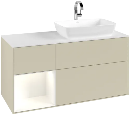 VILLEROY BOCH Toaletní skříňka Finion, s osvětlením, 3 výsuvy, 1200 x 603 x 501 mm, hedvábně šedý matný lak / lesklý bílý lak / bílé matné sklo #F801GFHJ