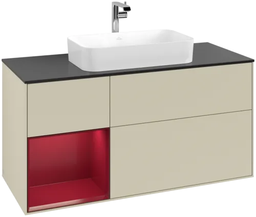 VILLEROY BOCH Toaletní skříňka Finion, s osvětlením, 3 výsuvy, 1200 x 603 x 501 mm, Silk Grey Matt Lacquer / Peony Matt Lacquer / Glass Black Matt #F292HBHJ