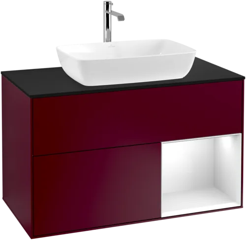 VILLEROY BOCH Toaletní skříňka Finion, s osvětlením, 2 výsuvy, 1000 x 603 x 501 mm, matný lak Peony / lesklý bílý lak / černé matné sklo #F782GFHB, obrázek 1