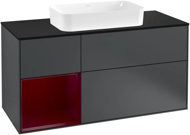 VILLEROY BOCH Toaletní skříňka Finion, s osvětlením, 3 výsuvy, 1200 x 603 x 501 mm, Midnight Blue Matt Lacquer / Peony Matt Lacquer / Glass Black Matt #F292HBHG