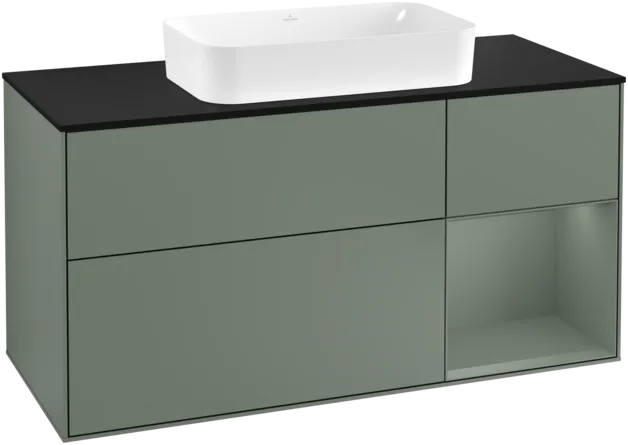 VILLEROY BOCH Toaletní skříňka Finion, s osvětlením, 3 výsuvy, 1200 x 603 x 501 mm, olivově matný lak / olivově matný lak / sklo černé matné #F302GMGM
