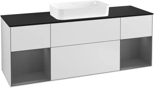 VILLEROY BOCH Toaletní skříňka Finion, s osvětlením, 4 výsuvy, 1600 x 603 x 501 mm, bílý matný lak / antracitový matný lak / černé matné sklo #F332GKMT
