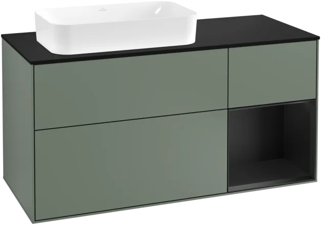 VILLEROY BOCH Toaletní skříňka Finion, s osvětlením, 3 výsuvy, 1200 x 603 x 501 mm, olivový matný lak / černý matný lak / černé matné sklo #F282PDGM