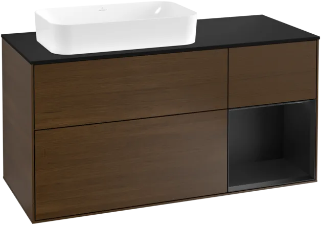 VILLEROY BOCH Toaletní skříňka Finion, s osvětlením, 3 výsuvy, 1200 x 603 x 501 mm, ořechová dýha / černý matný lak / černé matné sklo #F282PDGN