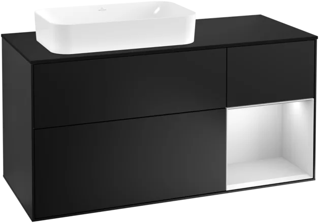 VILLEROY BOCH Toaletní skříňka Finion, s osvětlením, 3 výsuvy, 1200 x 603 x 501 mm, černý matný lak / bílý matný lak / černé matné sklo #F282MTPD
