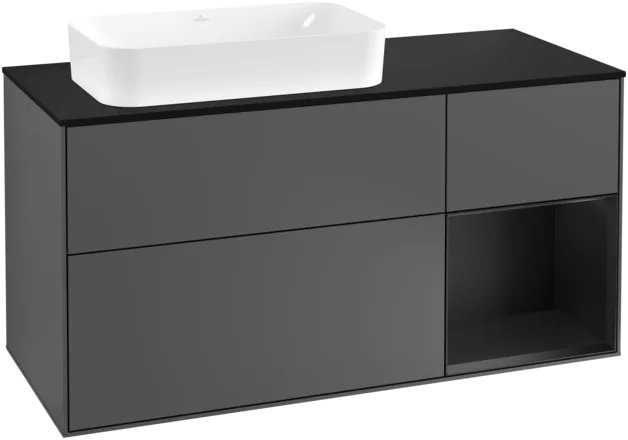 VILLEROY BOCH Toaletní skříňka Finion, s osvětlením, 3 výsuvy, 1200 x 603 x 501 mm, antracitový matný lak / černý matný lak / černé matné sklo #F282PDGK