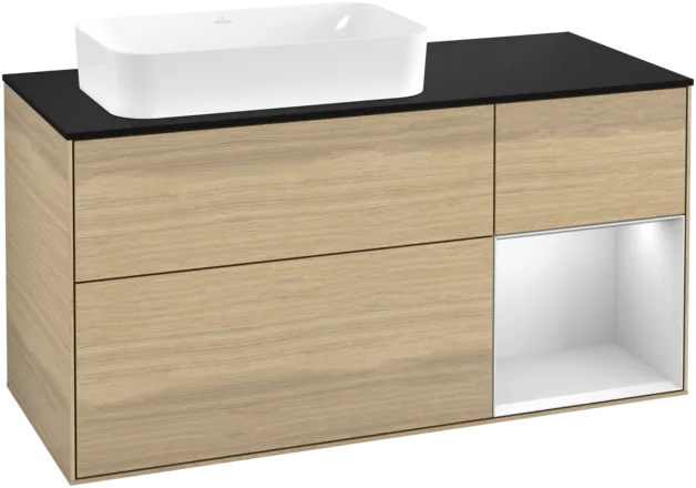 VILLEROY BOCH Toaletní skříňka Finion, s osvětlením, 3 výsuvy, 1200 x 603 x 501 mm, dubová dýha / bílý matný lak / černé matné sklo #F282MTPC