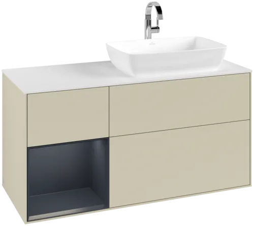 VILLEROY BOCH Toaletní skříňka Finion, s osvětlením, 3 výsuvy, 1200 x 603 x 501 mm, hedvábně šedý matný lak / půlnočně modrý matný lak / bílé matné sklo #F801HGHJ