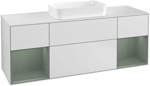VILLEROY BOCH Toaletní skříňka Finion, s osvětlením, 4 výsuvy, 1600 x 603 x 501 mm, bílý matný lak / olivový matný lak / bílé matné sklo #F331GMMT