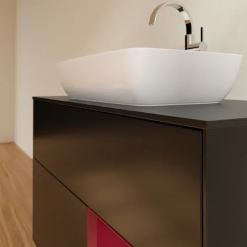 VILLEROY BOCH Toaletní skříňka Finion, s osvětlením, 2 výsuvy, 1000 x 603 x 501 mm, černý matný lak / pivoňkový matný lak / černé matné sklo #F782HBPD, obrázek 6