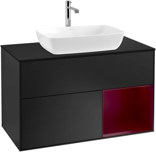 VILLEROY BOCH Toaletní skříňka Finion, s osvětlením, 2 výsuvy, 1000 x 603 x 501 mm, černý matný lak / pivoňkový matný lak / černé matné sklo #F782HBPD
